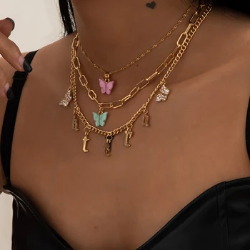 Kpop Arylic Fluture Cristal Scrisoare Pandantiv Colier pentru Femei Vintage Estetice Multi Strat Lanț Colier Bijuterii Accesorii