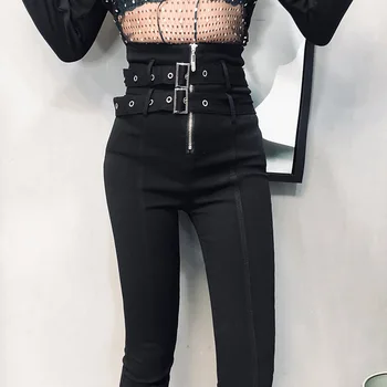 Kpop-coreean Celebritate negru talie Mare pantaloni de trening streetwear Dublu curea pantaloni slim sac solduri picioare pantaloni de creion femeii haine