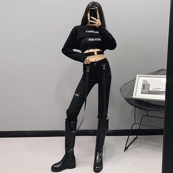 Kpop Seo Da Ji UI Lee Ji Eun trening negru streetwear fermoar fanioane hip hop pantaloni slim femei sexy picioare pantaloni casual
