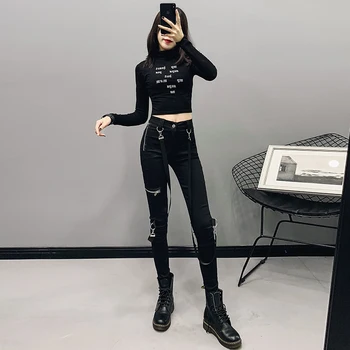 Kpop Seo Da Ji UI Lee Ji Eun trening negru streetwear fermoar fanioane hip hop pantaloni slim femei sexy picioare pantaloni casual