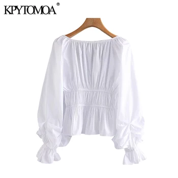 KPYTOMOA Femei 2020 Dulce Moda Ciufulit Bluze Albe Vintage V-Neck Maneca Lunga Femei Tricouri Blusas Topuri Chic