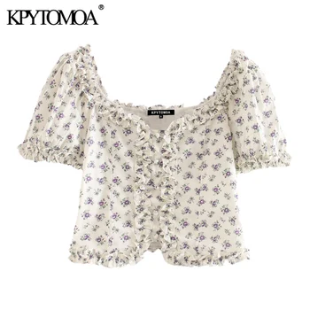 KPYTOMOA Femei 2020 Dulce Moda Print Floral Ciufulit Trunchiate Bluze Vintage Piața Collar Manșon de Puf de sex Feminin Tricouri Topuri Chic