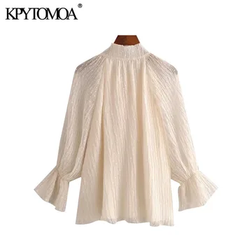 KPYTOMOA Femei 2020 Elegant de Moda Punctată Șifon Bluze Vintage Guler pentru Papion Vedea Prin Maneca de sex Feminin Tricouri Topuri Chic