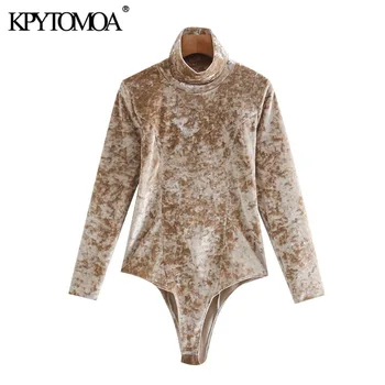 KPYTOMOA Femei 2020 Moda Gât Înalt de Catifea Costume de Epocă Maneca Lunga Snap-buton de sex Feminin Salopete Chic Topuri