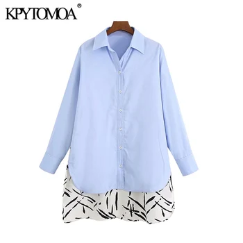 KPYTOMOA Femei 2020 Moda Mozaic de Imprimare Vrac Neregulate Bluze Vintage cu Maneci Lungi Buton-up Feminin Tricouri Topuri Chic