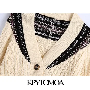 KPYTOMOA Femei 2020 Moda Oversized Jacquard Cablu unită Pulover Vintage V-Neck Maneca Lunga Femei Pulovere Topuri Chic