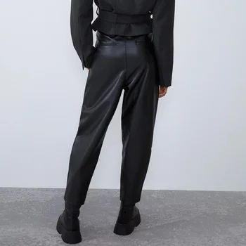 KUMSVAG 2020 Toamna Femei PU Pantaloni de Moda Noua Blacket talie Elastic Buzunare Pantaloni Drepte Femeie de Stradă Casual pantaloni Pantaloni