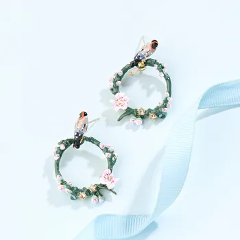 La modă proaspete de pădure drăguț email glazura de flori pasăre stud cercei personalitate creatoare rundă de nișă design cercei noi