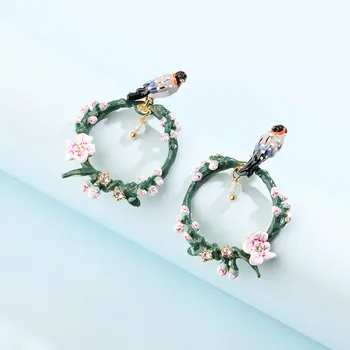 La modă proaspete de pădure drăguț email glazura de flori pasăre stud cercei personalitate creatoare rundă de nișă design cercei noi