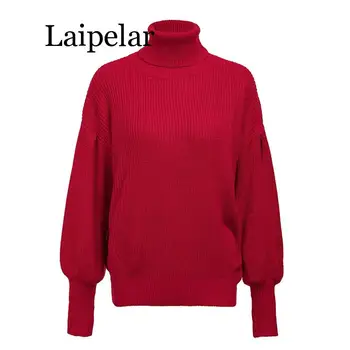 Laipelar Guler tricotat pulover casual femei red Lantern maneca pulover de iarna de sex feminin Streetwear scurt alb jumper 2019