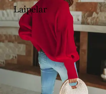 Laipelar Guler tricotat pulover casual femei red Lantern maneca pulover de iarna de sex feminin Streetwear scurt alb jumper 2019