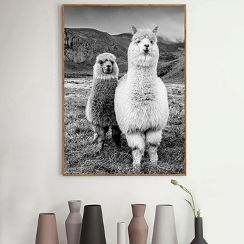 Lama Negru și Alb Animale Panza Pictura Alpaca Postere si Printuri de Arta de Perete de Imagine pentru Camera pentru Copii Decor Acasă Cuadros