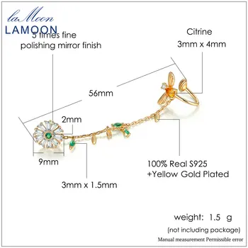 LAMOON S925 Naturale Citrin Daisy & de Albine Singură Ureche Clip Pentru Femei Argint 925 Cercei Cadou Bijuterii Fine EI074