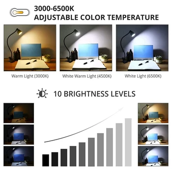 Lampa de birou, Ochi-Îngrijirea Clip pe Lumină de Lectură,3 Moduri de Iluminare cu 10 Niveluri de Luminozitate, de 360 de grade Flexibil Gooseneck