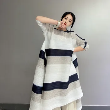 LANMREM 2021 primavara-Vara noi plisata pentru femei haine printting gradient de culori cu dungi elastic de mari dimensiuni rochie famale YJ298