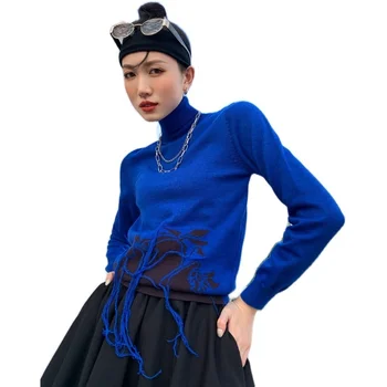 LANMREM 2021 Toamna Subțire Pulover Guler Albastru de Moda Cald Tricotat Bluza Toate-meci Pulover Pentru Femei de Moda Valul 2A1827