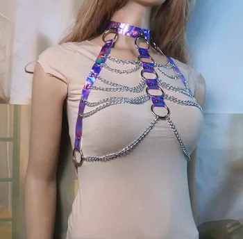 Laser holografic Cravată Cablajului Sexy Femei Lanț Punk Robie Sus Goth Bodychain Festivalul de Moda Tinuta Femme Accesorii