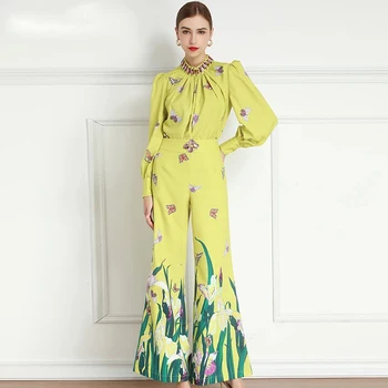 LD LINDA DELLA 2020 Toamna Pista Set de Moda pentru Femei cu maneca Lunga Bluza Vrac și Clopot-fund Floral-Print Costum din Două piese