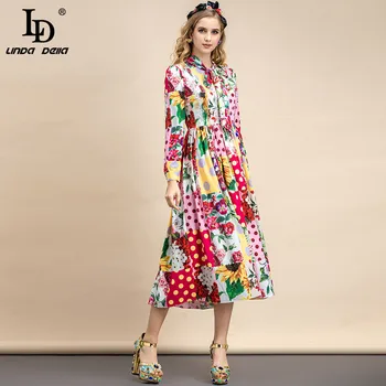 LD LINDA DELLA Toamna Designer de Moda Rochie Eleganta pentru Femei cu maneci Lungi de Lux Dantelă Patchwork print Floral Vintage Rochie Midi