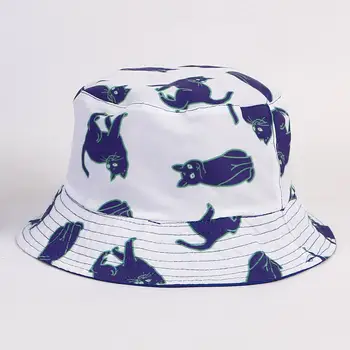 LDSLYJR 2018 Bumbac Cat de imprimare Găleată Pălărie Pescar Pălăria în aer liber, de călătorie pălărie de Soare Capac Pălării pentru Bărbați și Femei 358