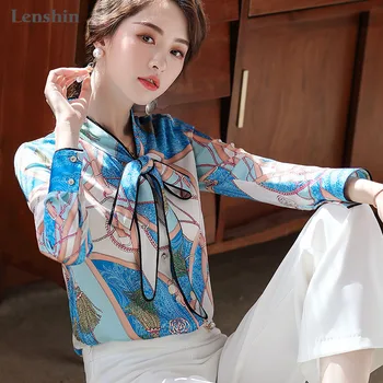 Lenshin Geometrice Imprimare Tricou Moale Respirabil Bluza cu Papion Femei de sex Feminin locul de Muncă Poarte Stil Casual Office Lady Topuri