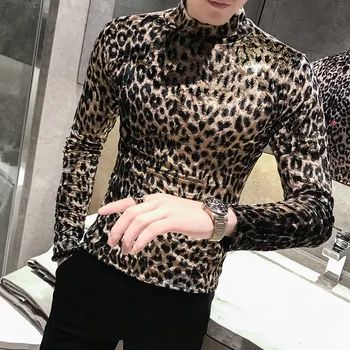 Leopard Jumătate Guler Tricou Barbati Slim Fit Catifea T Camasa Barbati Maneca Lunga De Toamna Club De Noapte Partid Streetwear Topuri Tee Homme