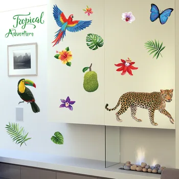 Leopard Papagal Fluture Frunze De Plante De Perete Autocolant Pentru Decorarea Acasă Desene Animate Opera De Artă Murală Diy Camera Copii Dormitoare Decalcomanii De Perete
