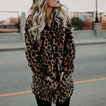 Leopard Print Faux Blana Pentru Femei Gros de Iarna de Cald Moda Blana Artificiala pentru Femei Haine Casual Sacou Blana Buzunare Uza