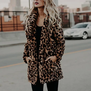 Leopard Print Faux Blana Pentru Femei Gros de Iarna de Cald Moda Blana Artificiala pentru Femei Haine Casual Sacou Blana Buzunare Uza