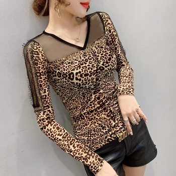 Leopard T-Shirt Nou 2020 Toamna cu Maneci Lungi Femei Topuri Și cămăși Sexy V-Neck Plasă tricou Plus Dimensiune Fierbinte foraj haine de sex Feminin