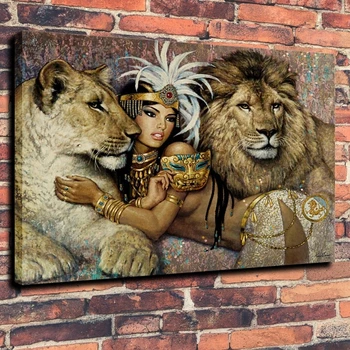 Leul si Leoaica Holding Fata Sexy Panza Pictura pentru Sala de Mese Decoratiuni Acasă Abstract, Desene animate Decor de Perete Cadou