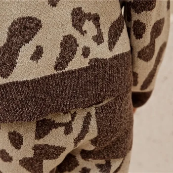 Liber Leopard Tricotate Costum Din Două Piese Femei Casual, O-Neck Pulover Topuri + Tricot Pantaloni Harem Cafea Streetwear Trening De Sex Feminin