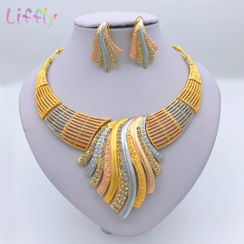 Liffly New Indian Seturi de Bijuterii Multicolore Mireasa Nunta Mare de Cristal de Aur din Dubai Seturi de Bijuterii pentru Femei Colier Cercei