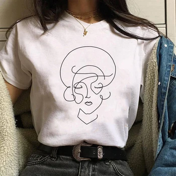 Liniile abstracte Două Femei de Vara T-shirt de Imprimare Topuri Femeile Largi, din Bumbac cu Maneci Scurte T-shirt Alb Harajuku Camisas Mujer