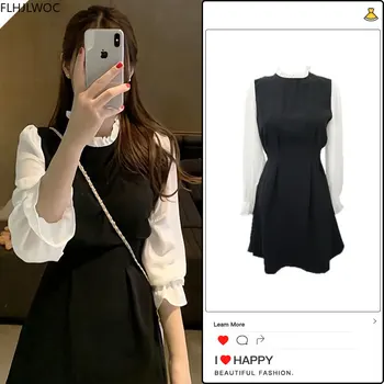 Little Black Dress 2020 Toamna Flare Sleeve Drăguț Dulce Stil Preppy Japonia, Coreea De Proiectare Femei Faux Din Două Piese Vintage Rochii