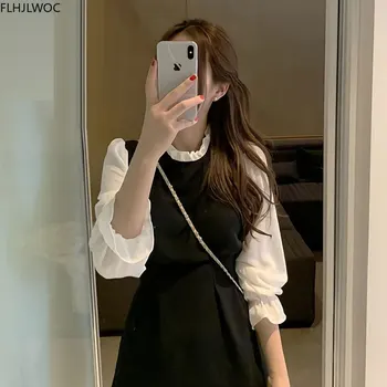 Little Black Dress 2020 Toamna Flare Sleeve Drăguț Dulce Stil Preppy Japonia, Coreea De Proiectare Femei Faux Din Două Piese Vintage Rochii