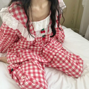 Lolita dulce Stil Pătrat Guler Carouri Pijamale, Costume de Prințesă Drăguț Bumbac, Pijamale Toamna Femei Vrac 2Piece/Set Haine de Acasă