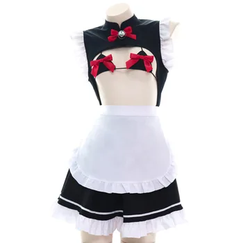 Lolita Fete Bust Deschide Menajera Costum Cosplay Anime Uniformă de Menajeră Sexy Cristina Tinuta Centura fundita Mini-Rochie Pentru Femei Picătură Navă