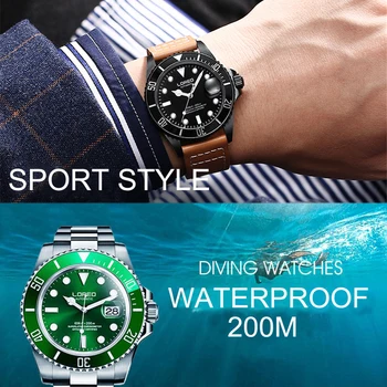 LOREO Brand de Apă Fantomă Serie Clasic de Apelare Verde de Lux pentru Bărbați Ceasuri Automate Oțel Inoxidabil rezistent la apa 200m Ceas Mecanic
