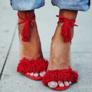 Lovirs Femei Sandale Ciucuri Toc Înalt Sandale Glezna Legăturile De Piele De Căprioară Cu Franjuri Sandale Stiletto Pantofi Rochie/Party/Nunta