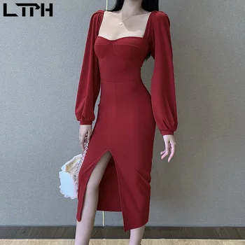 LTPH 2020 Toamna Noua epocă puff maneca rochie femei sexy Pătrat Guler cu Spatele gol Simplu Split temperament rochii elegante lungi