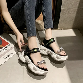 Lucyever 2020 Noi Femeile Pene Stras Sandale De Moda Doamnelor Platforma Glezna Curea De Cristal Pantofi De Vara Pentru Femeie Alb Negru