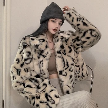 Lucyever Moda Leopard Scurtă de Blană Sacou Femei 2020 Iarnă Ține de Cald Faux Blana Haina de Femeie coreean Guler de Turn-down Plus Coats