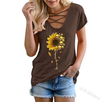 Lugentolo Femei Tricou de Imprimare, Plus Dimensiunii Vară de Floarea-soarelui Short Sleeve V-neck Loose Moda Casual T Cămașă Femei