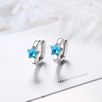 Luminos Argint 925 Spumante Albastru pot fi Stivuite Steaua de Cristal Hoop Cercei Pentru Femei de Moda Bijuterii de Argint oorbellen
