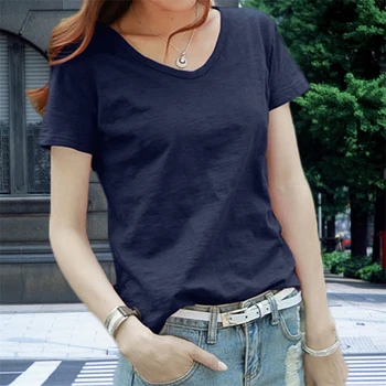 LUNDUNSHIJIA 2019 Vara Noi de Moda se Răcească Femeie T-shirt Solid Slub Cotton Femei V-neck T-shirt Harajuku Tricou Femme de Sus