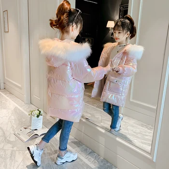 Lung Stil Adolescenti Fata Vânt Impermeabil Jacheta de Iarna Cu Blana Hanorace Pentru Copii Luminoase Colorate Palton cu Glugă 4-13T