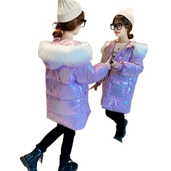 Lung Stil Adolescenti Fata Vânt Impermeabil Jacheta de Iarna Cu Blana Hanorace Pentru Copii Luminoase Colorate Palton cu Glugă 4-13T