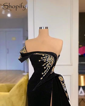Lung Stil Arab Femei Rochie De Seara 2020 Pe Umăr De Aur Margele Sexy Fantă Mare De Catifea Neagră Dubai Rochii Formale