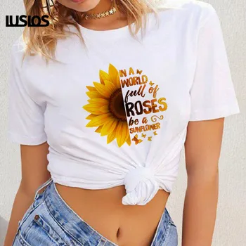 LUSLOS NU vă faceți GRIJI FI HIPPIE Scrisoarea Imprimate T-shirt Femei 2020 Floarea-soarelui de Vară Maneca Scurta Casual Vrac Alb O-gât T camasi